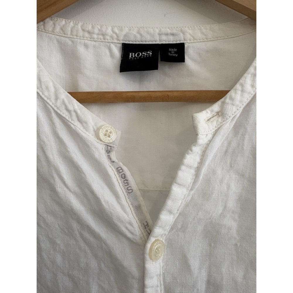 BOSS Hugo Boss White Linen Short Sleeve Shirt Pocket Band Collar Men Size XL
